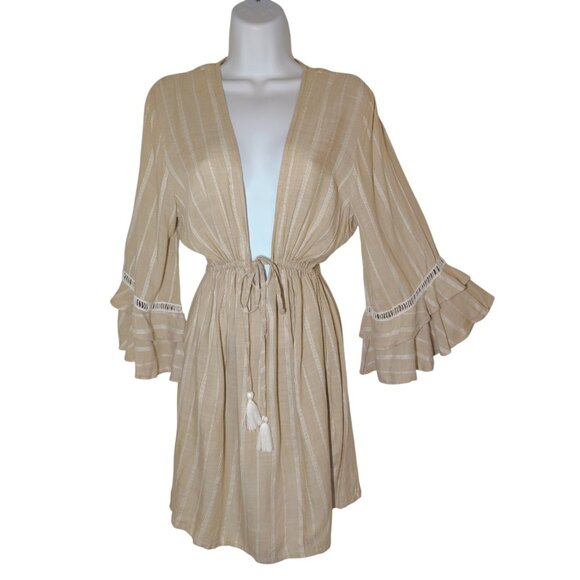 Spiaggia Dolce Beige White Striped Ruffle Sleeve Swim Coverup Mini Dress M - Picture 1 of 7